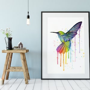 May include: A watercolor painting of a colorful hummingbird with rainbow-colored drips. The hummingbird is flying with its wings spread out. The background is white with a few watercolor splatters.
