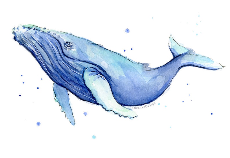 May include: Watercolor painting of a blue whale swimming in the ocean. The whale is depicted in a light blue color with darker blue accents. The background is white with small blue dots.