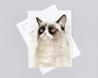 Grumpy Watercolor Cat Meme Postcard - grumpy cat, watercolor art, geek, funny