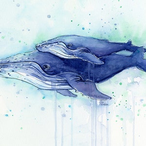 May include: Watercolor painting of two blue whales swimming together. The larger whale is in the foreground and the smaller whale is swimming above it. The painting has a light blue background with green watercolor splatters.