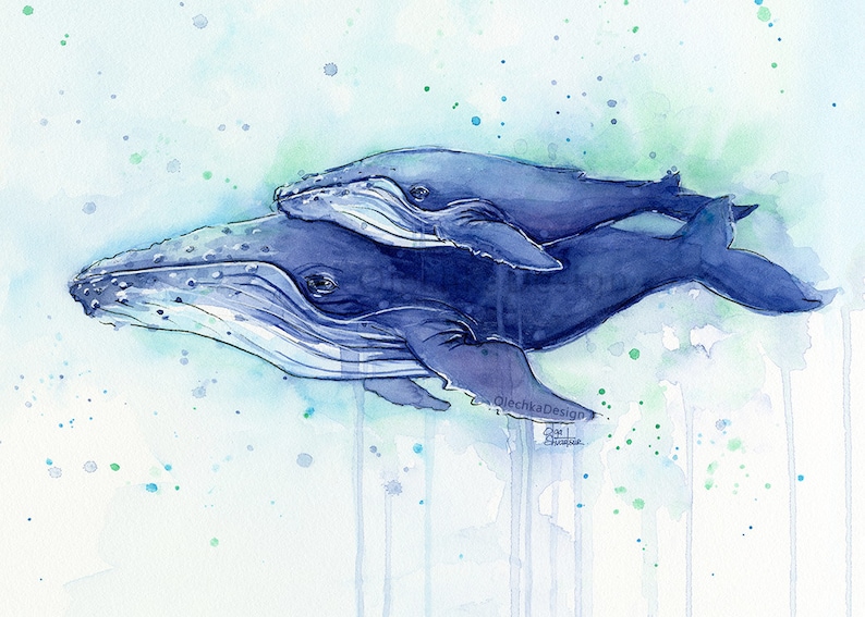 May include: Watercolor painting of two blue whales swimming together. The larger whale is in the foreground and the smaller whale is swimming above it. The painting has a light blue background with green watercolor splatters.