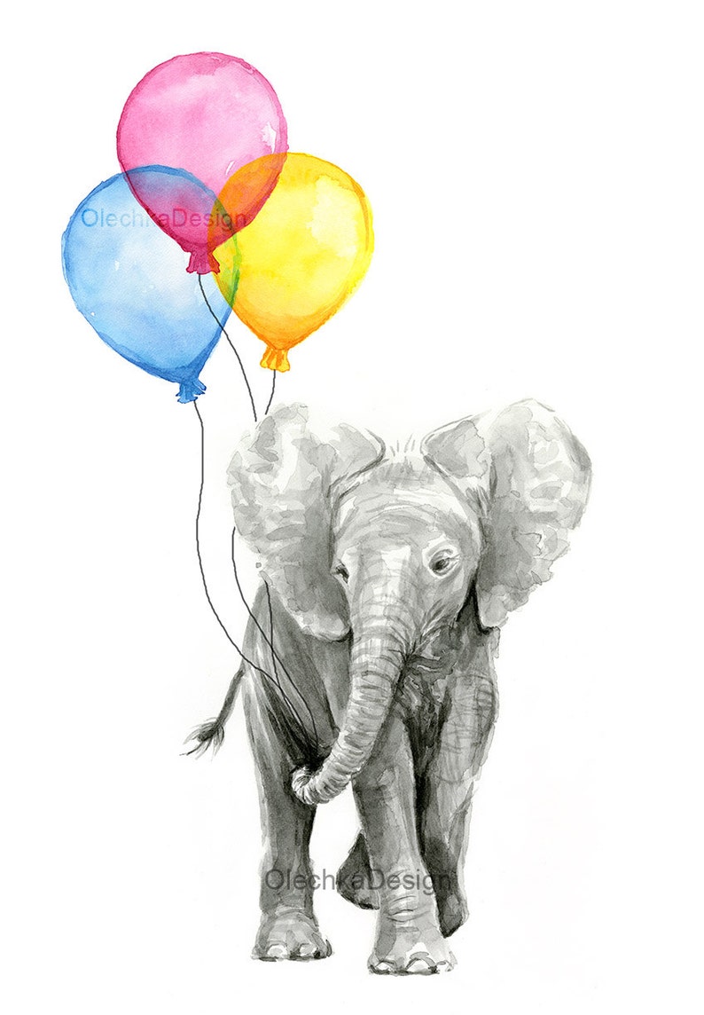 May include: Watercolor illustration of a gray baby elephant holding three colorful balloons. The balloons are pink, blue, and yellow. The artwork is on a white background, creating a whimsical and cheerful scene.