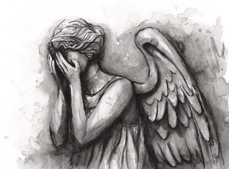 Weeping Angel Painting Art Print Doctor Who Wall Art Doctor Who Decor Watercolor Painting Don't Blink Scary Weeping Angel Art Print Giclee image 1