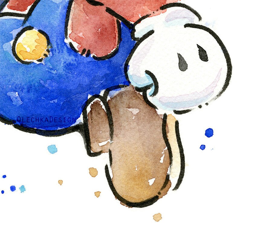 マリオの水彩画アートプリント、ビデオゲームオタク向けインテリア