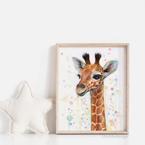 May include: Watercolor painting of a baby giraffe with a light brown and orange spotted pattern. The giraffe is looking at the viewer with big brown eyes. The background is a light pink with colorful watercolor splatters.