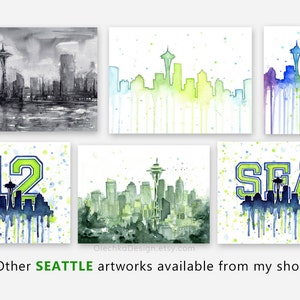 May include: Six watercolor paintings of the Seattle skyline. The first painting is in black and white. The second painting is in shades of green and yellow. The third painting is in rainbow colors. The fourth painting is in shades of green and blue with the number 12 in the center. The fifth painting is in shades of green and blue. The sixth painting is in shades of green and blue with the word SEA in the center.
