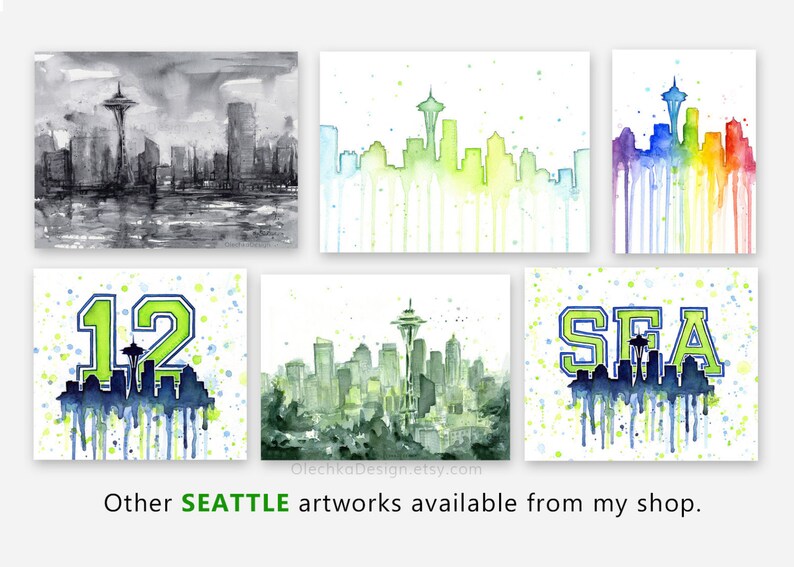 May include: Six watercolor paintings of the Seattle skyline. The first painting is in black and white. The second painting is in shades of green and yellow. The third painting is in rainbow colors. The fourth painting is in shades of green and blue with the number 12 in the center. The fifth painting is in shades of green and blue. The sixth painting is in shades of green and blue with the word SEA in the center.