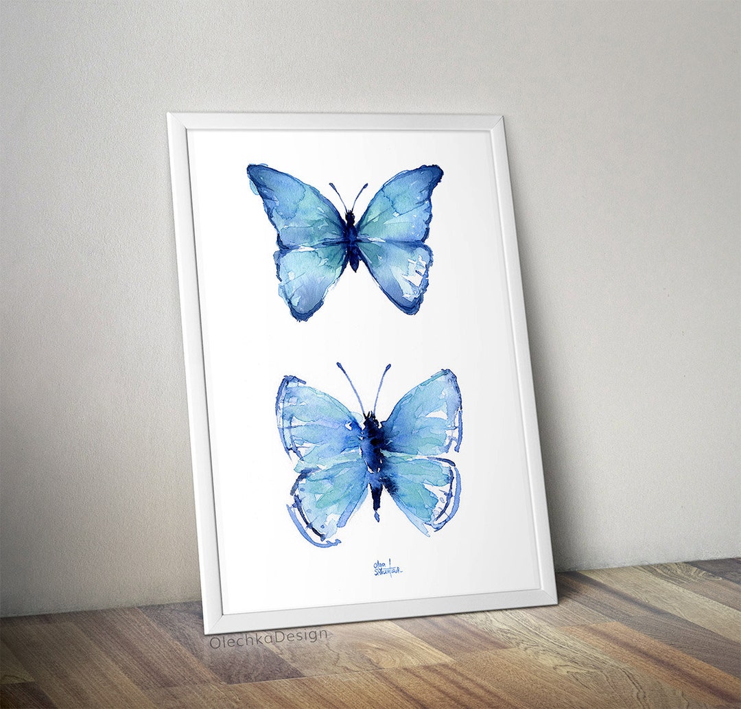 Butterfly Wall Art, Blue Butterflies Watercolor Art Print Two Butterflies Print Blue Butterfly
