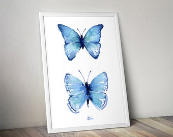 Butterfly Wall Art, Blue Butterflies Watercolor Art Print Two Butterflies Print Blue Butterfly Painting Butterfly Abstract Butterflies