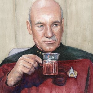 May include: A watercolour painting of a bald man wearing a red and black Starfleet uniform. He is holding a glass of red liquid and looking off to the side. The text "OLECHKADESIGN" is visible in the lower right corner of the image.
