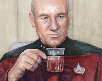 Captain Picard, Tea, Earl Grey, Hot; Wall Art, Art Gift, Sci-Fi Gift, Portrait Watercolor, Giclee Art Print