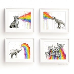 May include: A set of four watercolor paintings featuring various animals, including a cat, a dinosaur, an elephant, and a group of cats, all blowing rainbows.