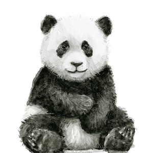 May include: Black and white watercolor painting of a panda bear sitting with its paws crossed. The panda has a cute, smiling expression.