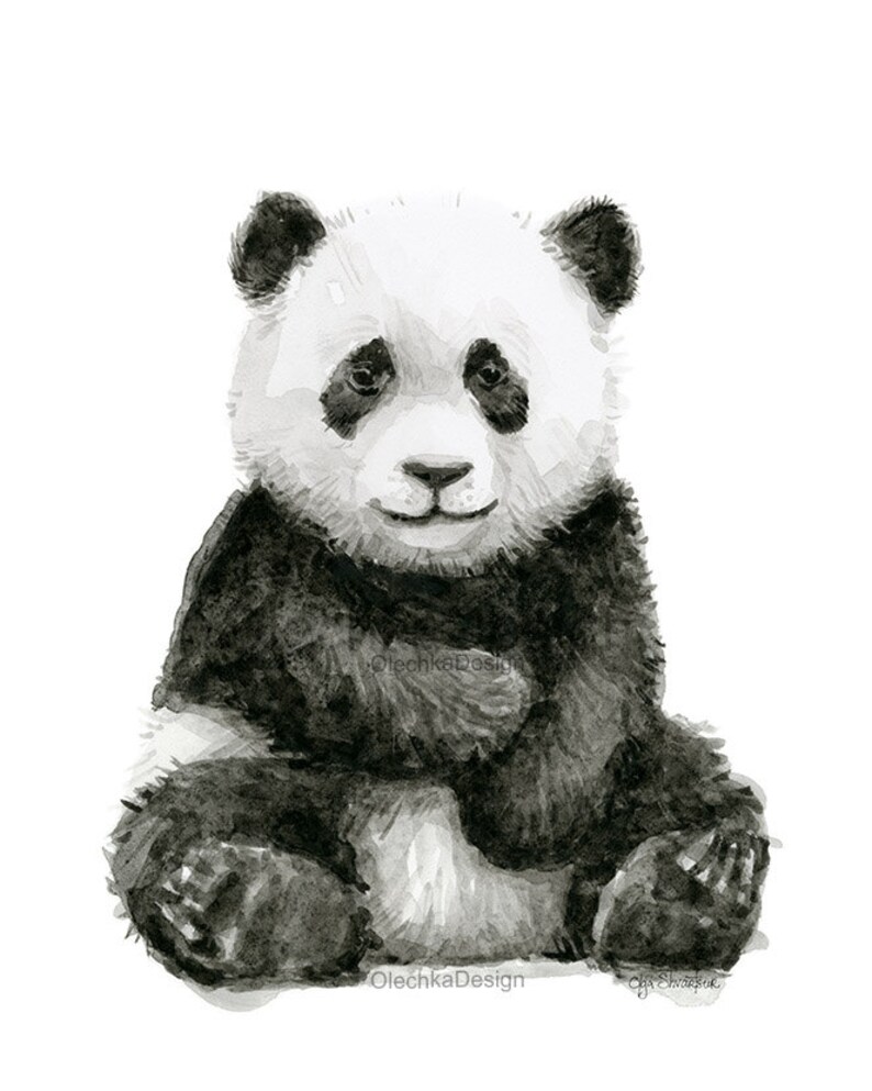 May include: Black and white watercolor painting of a panda bear sitting with its paws crossed. The panda has a cute, smiling expression.