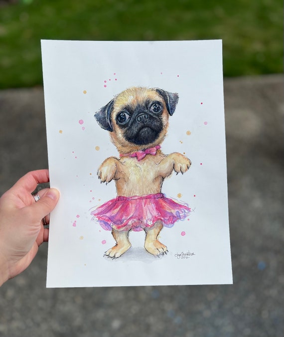 パグアート、パグの絵画、チュチュを着たかわいいパグ、犬の水彩画、犬