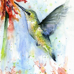 May include: Watercolor painting of a hummingbird in flight, with its beak extended towards a red flower. The background is a soft blue with splashes of color.