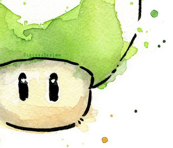 Green 1UP Mushroom Watercolor Art Print, 1UP Print, 1UP Art