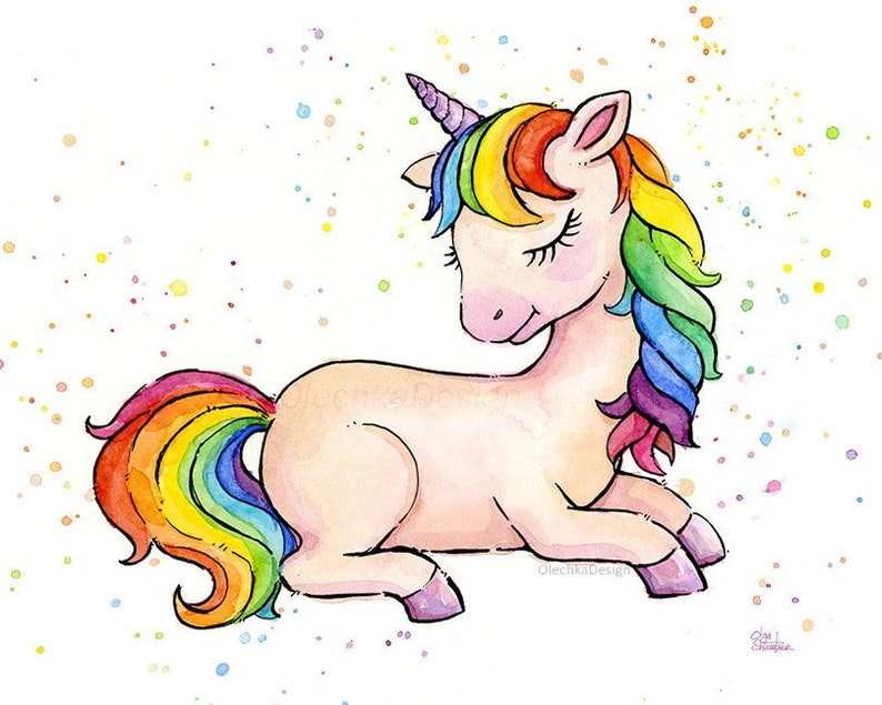 Pode incluir: Uma pintura em aquarela de um unic&oacute;rnio arco-&iacute;ris deitado com os olhos fechados. O unic&oacute;rnio tem uma crina e uma cauda arco-&iacute;ris, e est&aacute; rodeado de pontos coloridos.