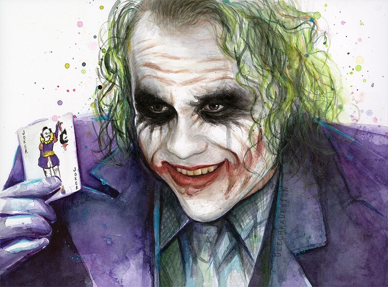 May include: Watercolor painting of the Joker from the movie The Dark Knight. He is holding a playing card with the Joker on it. The background is white with colorful splatters of paint.
