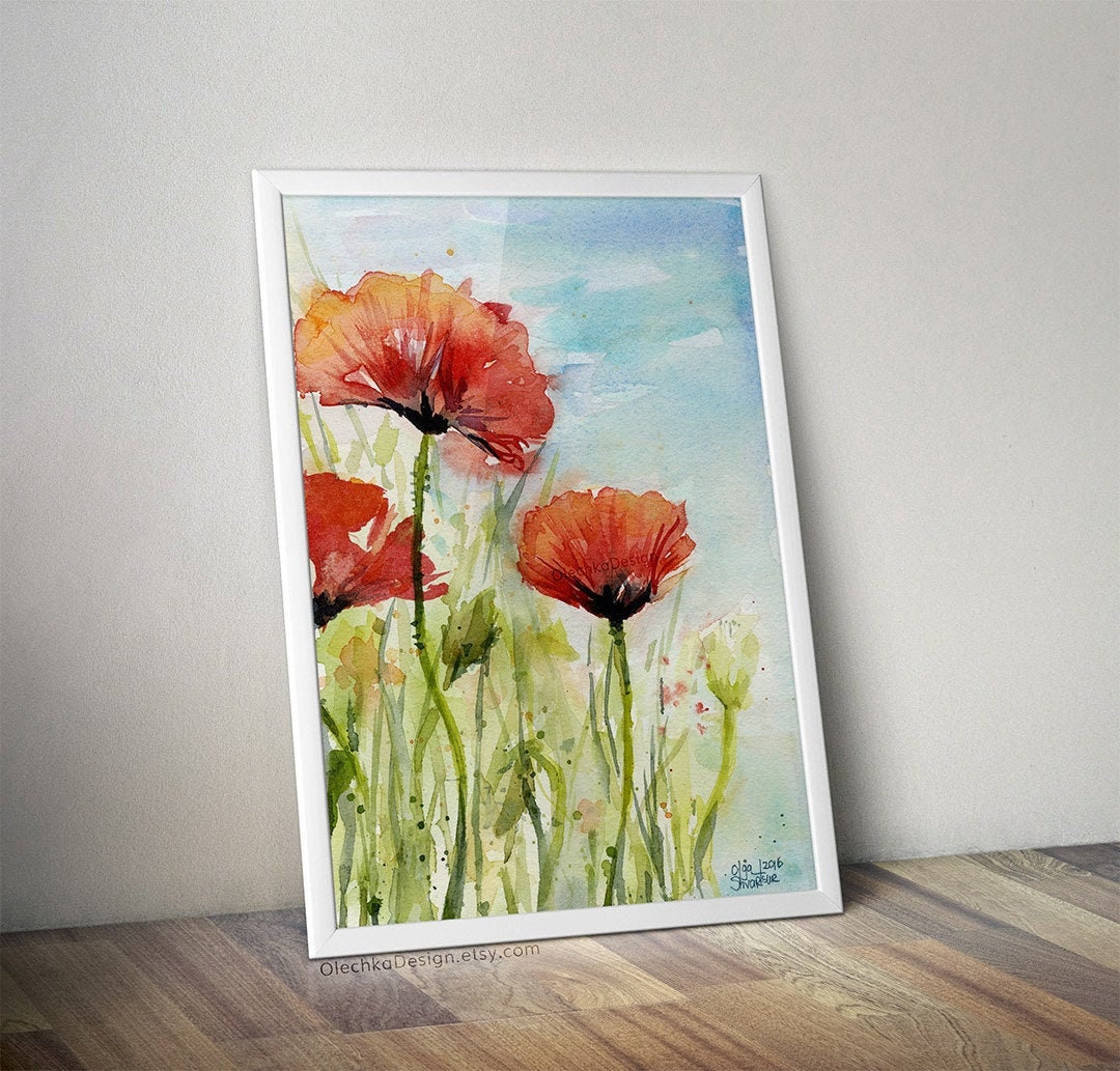 Poppy Wall Art, Red Poppies Watercolor, Poppies Art Print, Red Flowers ...