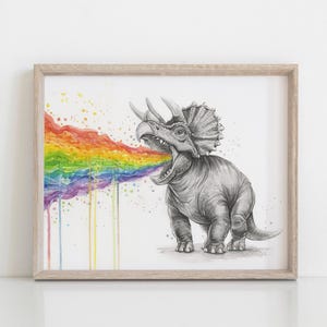 May include: A black and white drawing of a triceratops dinosaur with a rainbow coming out of its mouth. The background is white with watercolor splatters.