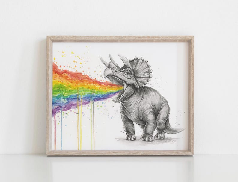May include: A black and white drawing of a triceratops dinosaur with a rainbow coming out of its mouth. The background is white with watercolor splatters.
