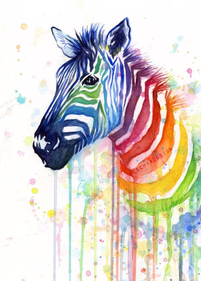 May include: Watercolor painting of a zebra with a rainbow pattern on its stripes. The background is white with colorful splatters of paint.