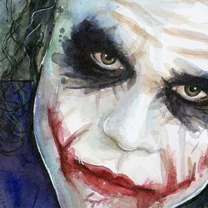 May include: A watercolor painting of the Joker from the movie The Dark Knight. The Joker is depicted with a white face, red lipstick, and black eye makeup. The painting is done in a realistic style and captures the Joker's menacing expression.
