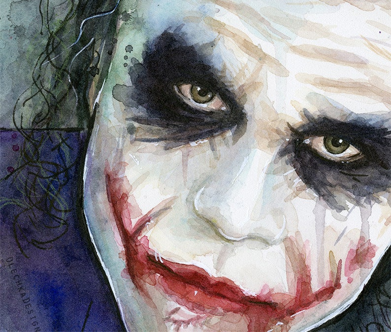 May include: A watercolor painting of the Joker from the movie The Dark Knight. The Joker is depicted with a white face, red lipstick, and black eye makeup. The painting is done in a realistic style and captures the Joker's menacing expression.