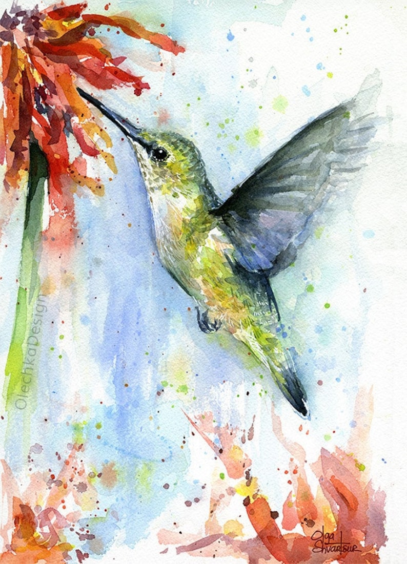 May include: Watercolor painting of a hummingbird with green and brown feathers, hovering in front of a red flower. The background is a light blue with splashes of red, orange, and yellow.