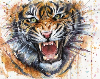 Tiger Art Print Tiger Watercolor Painting Roaring Tiger Painting, Giclee Print, Jungle Animal Art, Tiger Art, Tiger Print, Boys Room Decor,