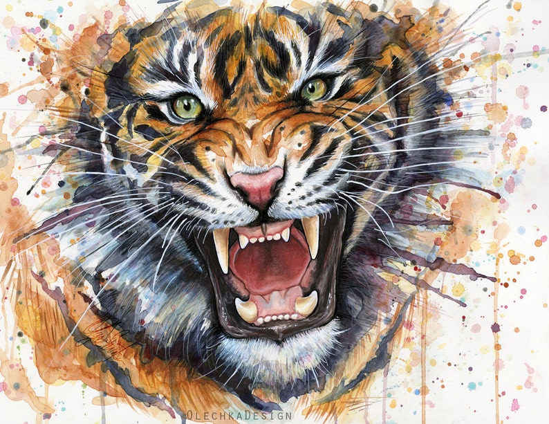 May include: A close-up of a tiger's face with an open mouth, showing sharp teeth. The tiger is painted in watercolor with splashes of color in the background.