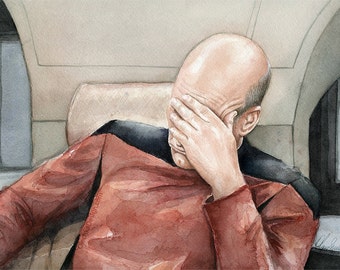 Picard Facepalm Meme aquarel, Picard print, meme kunst, Sci-Fi schilderij, Captain Picard, portret, grappige Geek kunst aan de muur