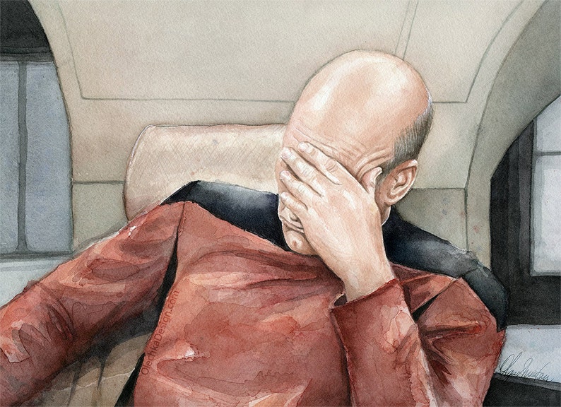 Picard Facepalm Meme Watercolor, Picard Print, Meme Art, Sci-Fi Painting, Captain Picard, Portrait, Funny Geek Wall Art image 1