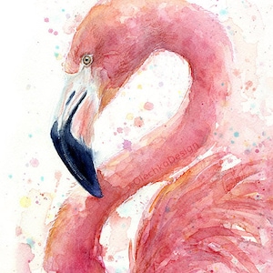 May include: A watercolor painting of a pink flamingo with a blue beak. The flamingo is in profile and its head is bent back, creating a graceful curve. The background is a white wash with colorful watercolor splatters.