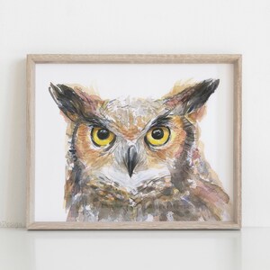 May include: A watercolor painting of an owl's face. The owl has large, yellow eyes and brown and gray feathers. The painting is framed in a light wood frame.