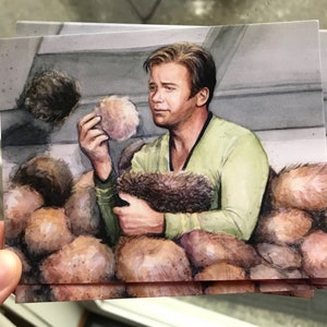 Postal del Capitán Kirk y Tribbles, Postal divertida de ciencia ficción, Postales de acuarela, Postales geek, Tarjetas de arte de acuarela