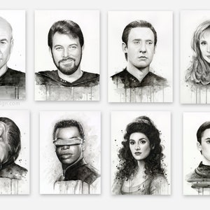 May include: A set of eight black and white watercolor portraits of characters from the Star Trek franchise. The portraits are of Captain Jean-Luc Picard, Commander William Riker, Commander Data, Counselor Deanna Troi,  First Officer Worf, Lieutenant Commander Geordi La Forge,  Lieutenant Commander Jadzia Dax, and Ensign Wesley Crusher.