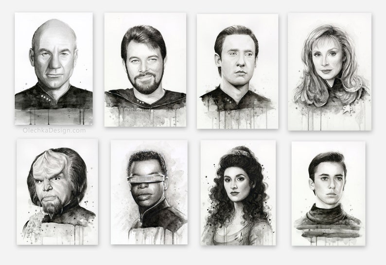 May include: A set of eight black and white watercolor portraits of characters from the Star Trek franchise. The portraits are of Captain Jean-Luc Picard, Commander William Riker, Commander Data, Counselor Deanna Troi,  First Officer Worf, Lieutenant Commander Geordi La Forge,  Lieutenant Commander Jadzia Dax, and Ensign Wesley Crusher.
