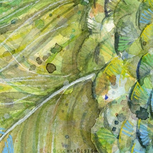 May include: Abstract watercolor painting with a green, blue, and yellow color scheme. The painting features a series of overlapping lines and shapes, creating a sense of depth and movement.