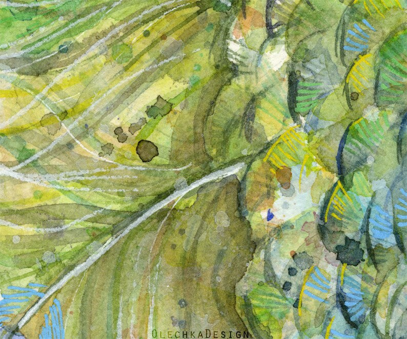 May include: Abstract watercolor painting with a green, blue, and yellow color scheme. The painting features a series of overlapping lines and shapes, creating a sense of depth and movement.