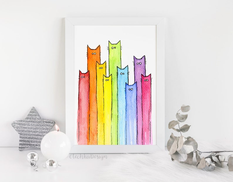 May include: Watercolor painting of a rainbow of cats. The cats are all standing on their hind legs and have big eyes. The colors of the cats are red, orange, yellow, green, blue, indigo, and violet.