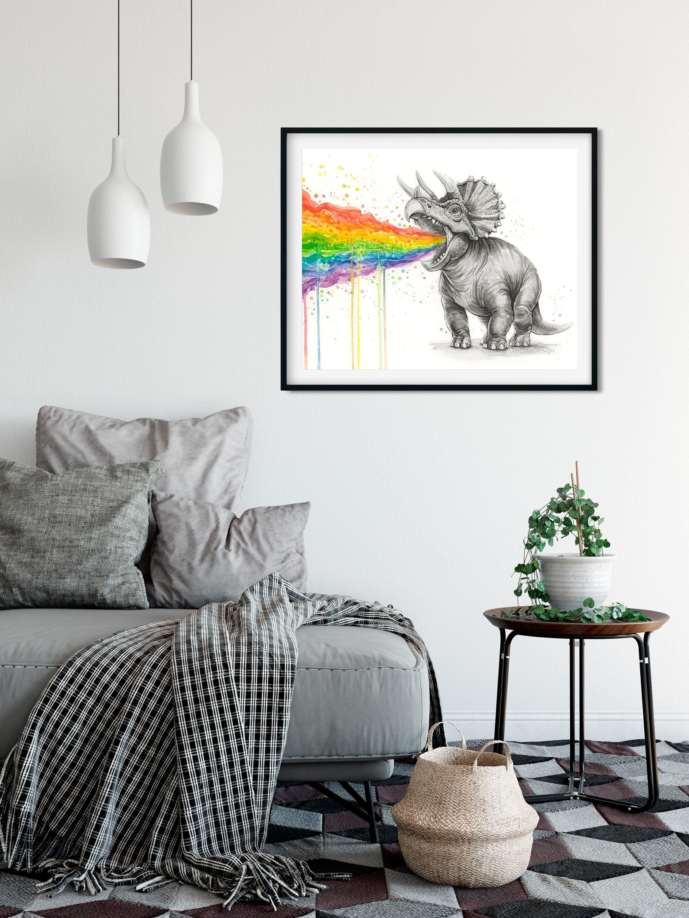 トリケラトプスの虹の嘔吐物、気まぐれな水彩画の恐竜の絵画、面白い