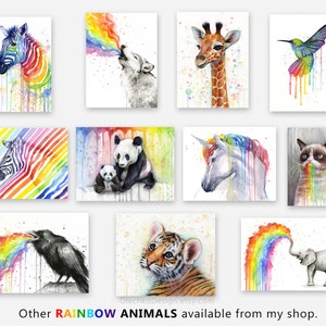 May include: A collection of watercolor paintings featuring various animals, each with a rainbow emanating from their mouths. The animals include a zebra, wolf, giraffe, hummingbird, panda, unicorn, cat, raven, tiger, and elephant.