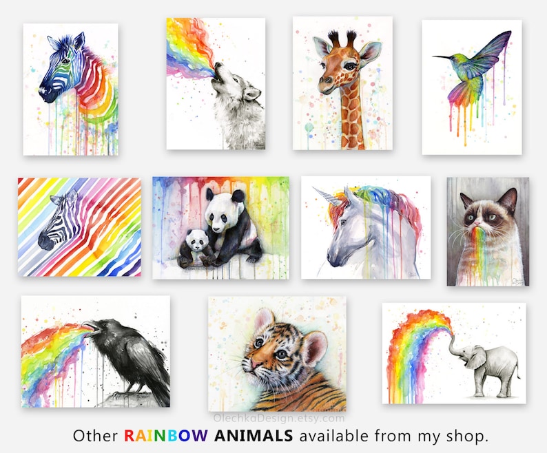 May include: A collection of watercolor paintings featuring various animals, each with a rainbow emanating from their mouths. The animals include a zebra, wolf, giraffe, hummingbird, panda, unicorn, cat, raven, tiger, and elephant.