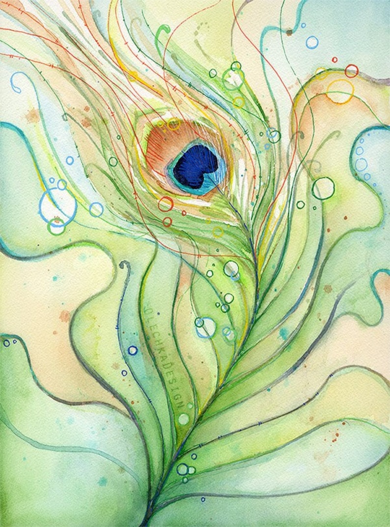 May include: A watercolor painting of a peacock feather with a blue eye, surrounded by green, blue, and yellow swirls and bubbles. The artist's signature, "OLECHKA DESIGN", is visible in the lower right corner.