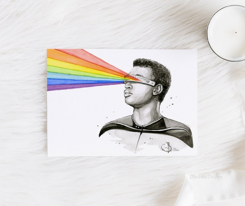May include: A watercolor painting of a person wearing a black uniform with a rainbow emanating from their eyes. The person is wearing a visor with a futuristic design.