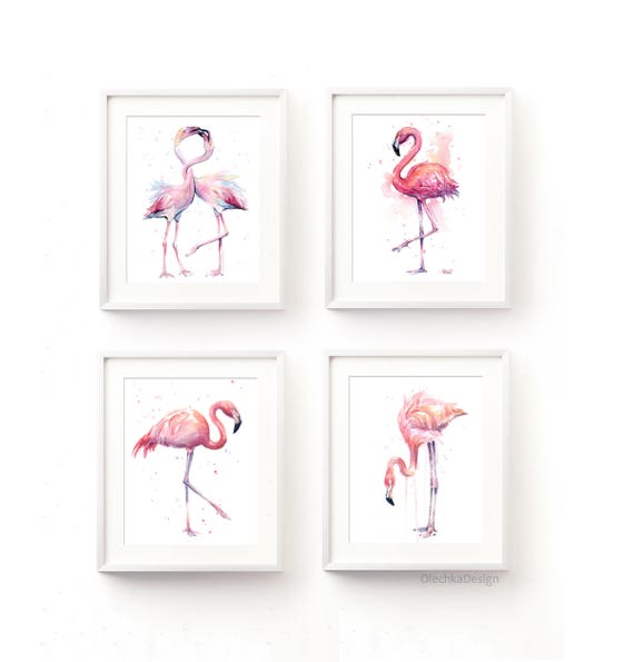 フラミンゴ水彩画アートプリントセット、鳥の壁飾り、4枚セット - Etsy