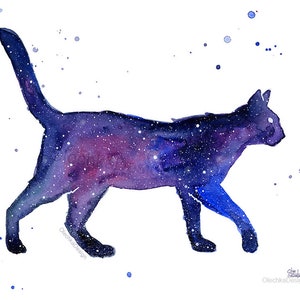 May include: A watercolor painting of a cat silhouette filled with a galaxy of stars and nebulae in shades of purple, blue, and white. The background is white with scattered blue and white dots.