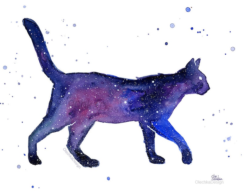 May include: A watercolor painting of a cat silhouette filled with a galaxy of stars and nebulae in shades of purple, blue, and white. The background is white with scattered blue and white dots.